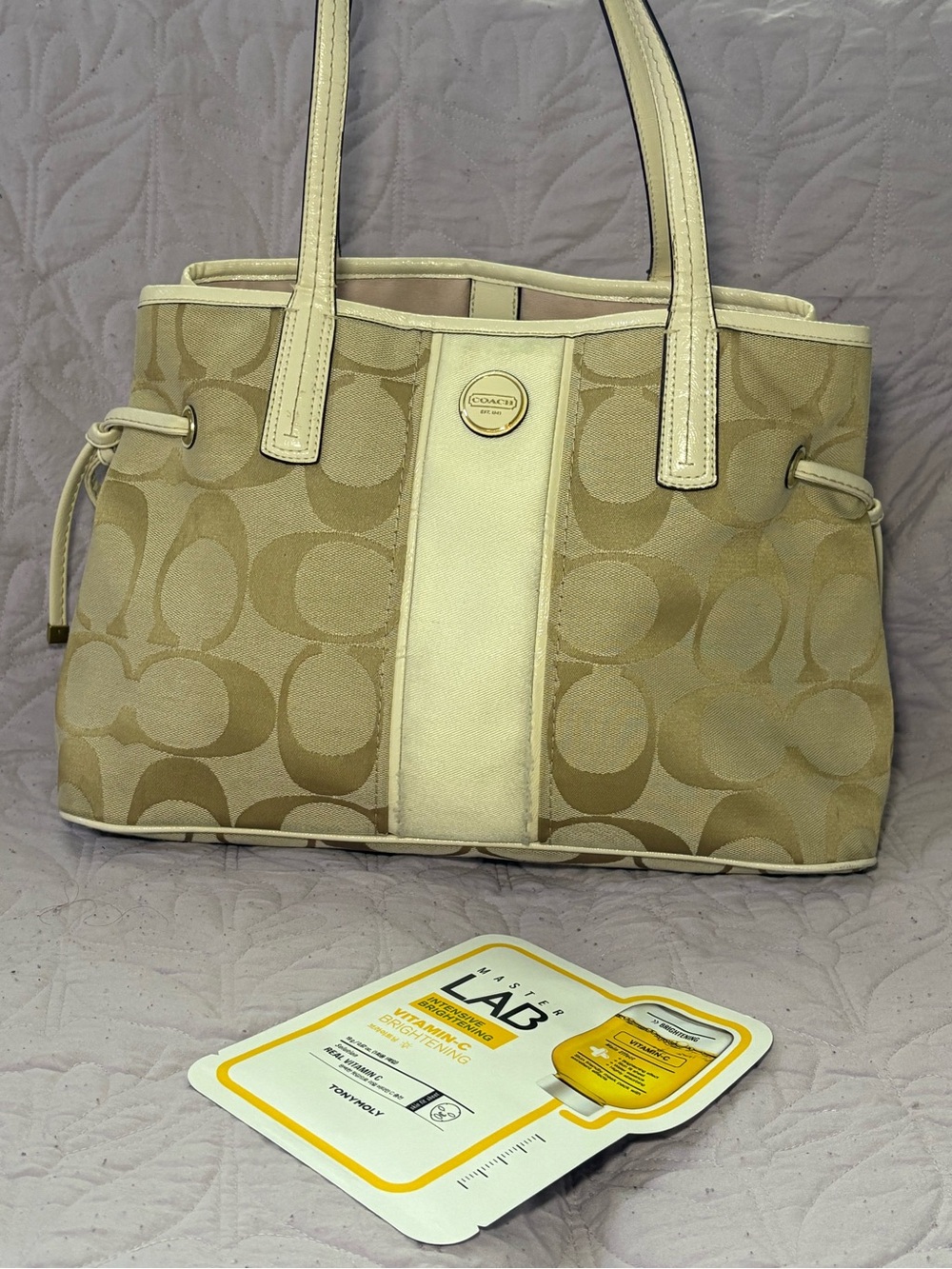 Coach Beige Signature Canvas Tote with Cream Trim